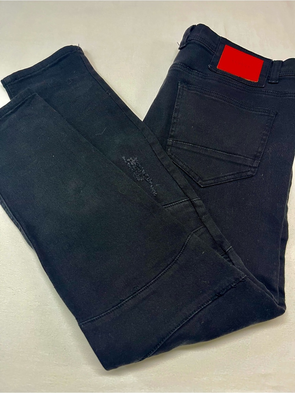 Men's Black distressed Straight Jeans 36x32 stretch, casual missing button 1396